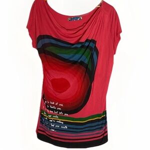 Desigual Red Off Shoulder Artistic Women’s Shirt Love Poem Size XXL Boho Relaxed